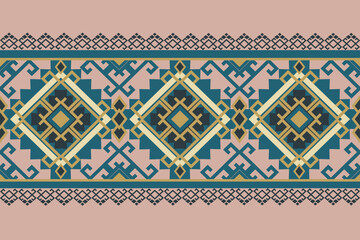Seamless Bohemian Ethnic Textile Design with Pink and Green Geometric Tribal Border Pattern