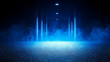 A dark empty street, dark blue background, an empty dark scene, neon light, spotlights The asphalt floor and studio room with smoke float up the interior texture. night view