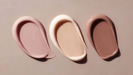 Three smudged, oval-shaped samples of what appears to be a creamy substance, possibly a makeup product. They are laid out side by side on a neutral beige background