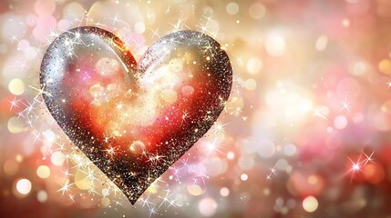 Fototapeta premium Sparkling Valentine heart surrounded by soft sparkles set against a serene Saint Valentine background with soft pink red and golden tones