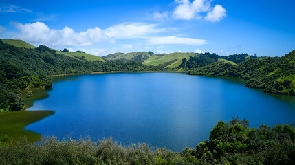 Tranquil Lake Surrounded by Lush Green Mountains Under Clear Blue Skies