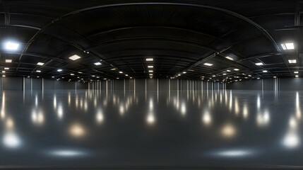 Empty modern exhibition hall interior, spacious floor, bright lights, dark ceiling, 360&deg; view, ideal for event planning