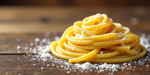 A delicious mound of freshly cooked pasta, delicately dusted with grated cheese, rests on a rustic wooden surface.