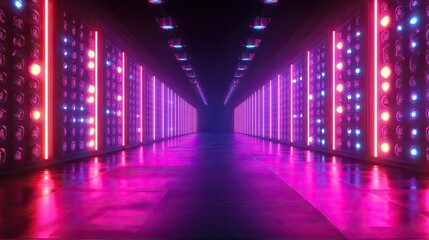 Fototapeta premium Concert stage background with blue and purple lights. Empty concert floor at futuristic room