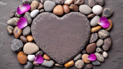 Obraz premium Heart Shaped Stone with Smooth River Rocks and Pink Petals for Spa Wellness or Relaxation