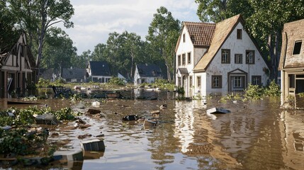 Fototapeta premium Devastating Flood in a Suburban Village: A 3D Render of a Flooded Neighborhood, Showing Homes Submerged in Murky Water, Debris and Flotsam Scattered Through the Scene.