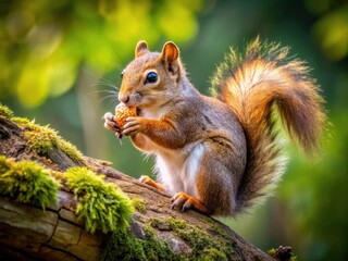 Fototapeta premium Tiny rodent, charming profile, munches a peanut. Branch perch, wildlife close-upâ€”pure adorableness.