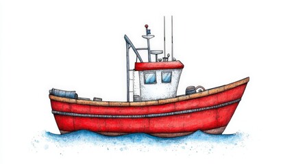 Naklejka premium Red Fishing Boat Illustration with Water Splash, Nautical Elements, and Detailed Features for Marine Themes