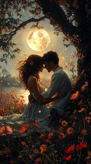 Romantic couple under a glowing full moon, surrounded by magical fireflies and blooming flowers, evoking love, enchantment, and serenity in a dreamy, ethereal night setting