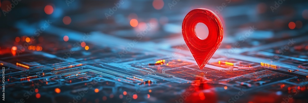 Poster Red location pin on a circuit board, symbolizing digital location tracking and GPS technology.