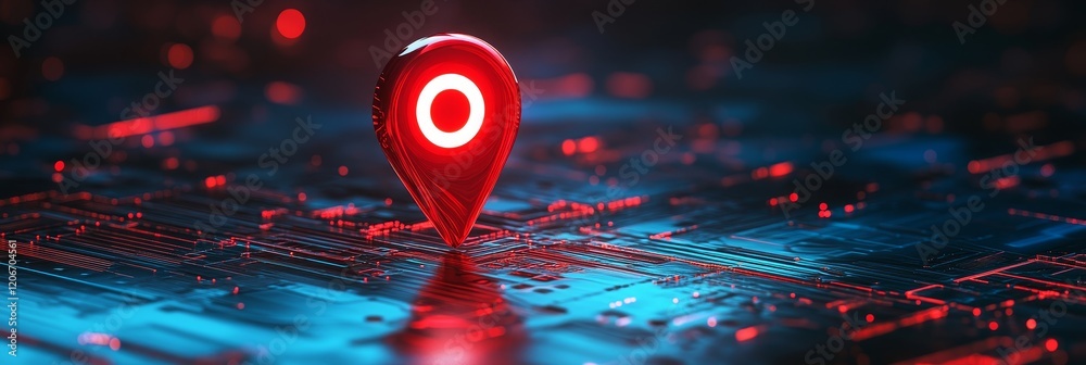 Poster red glowing location pin on a circuit board.