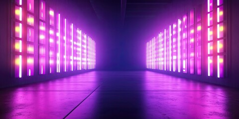 Concert stage background with blue and purple lights. Empty concert floor at futuristic room