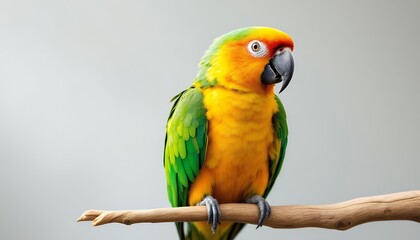 Obraz premium Vibrant Parrot Perched on a Branch Against a Light Gray Background