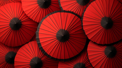 Luxurious display of traditional Chinese umbrellas in various red and black patterns.