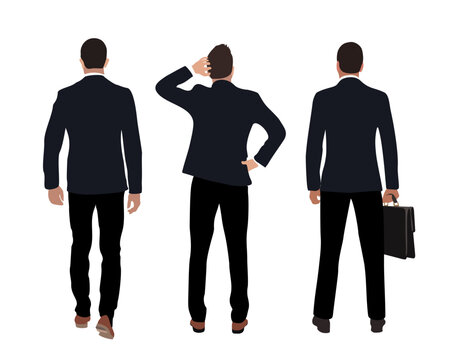 Set of business man standing rear view. Man in formal suit from behind, turned back, thinking, holding briefcase. Character backside. Vector realistic illustrations isolated on transparent background.