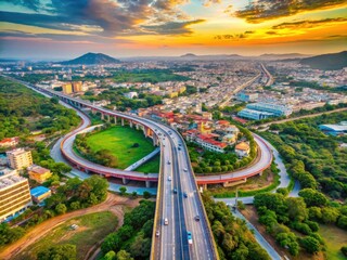 Vijayawada's Kanaka Durga Flyover dominates this panoramic aerial drone image, showcasing Andhra Pradesh's vibrant cityscape.
