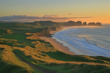 Tranquil Meadow with Soft Waves and Gentle Mist at Horizon