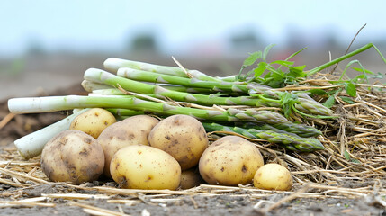 Freshly harvested asparagus and potatoes in a field.  Use Food, recipe blogs, farm-to-table advertising