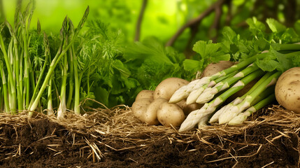 Freshly harvested asparagus, potatoes, and herbs on soil.  Garden bounty for healthy eating