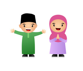 Fototapeta premium Muslim boys and girls wearing Islamic clothes celebrating Ramadan and Eid. Vector or cartoon theme and HD image