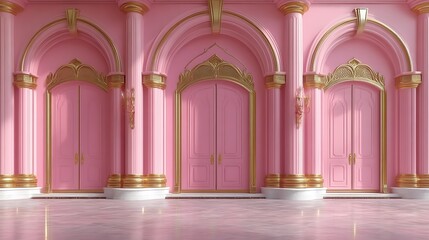 Naklejka premium Pink Palace Hallway Three Gold Trimmed Doors