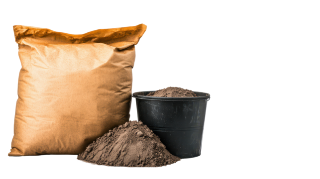 A bag of soil next to a bucket filled with loose dirt for construction purposes. transparent background