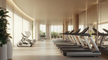 A modern gym interior featuring treadmills and exercise equipment by large windows.