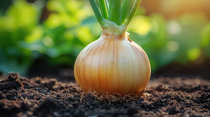 Close-up of a ripe onion growing in the ground, sunlight illuminating the scene.