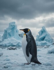 King penguin standing on ice in Antarctica with icebergs in the background