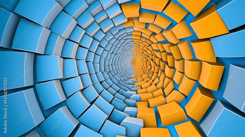 Poster abstract 3d tunnel design with blue and orange cubes forming a spiraling pattern in a dynamic visual