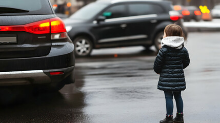 Girl waiting to cross city street, cars in background, rainy day, safety