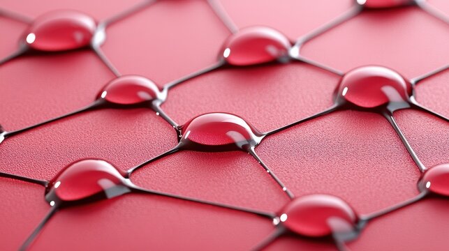 Abstract Red Network Interconnected Water Droplets on a Grid Pattern