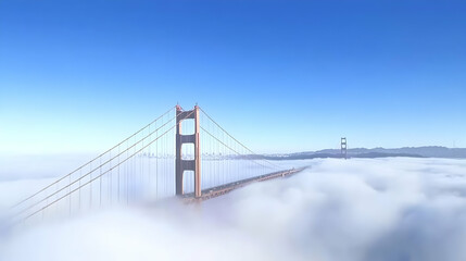 Obraz premium Golden Gate Bridge above fog, San Francisco cityscape background, travel postcard