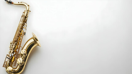 Golden saxophone on white background, copy space, music instrument