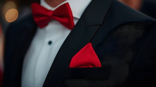 Elegant Men s Formal Wear Close up of Black Tuxedo with Red Bow Tie and Pocket Square