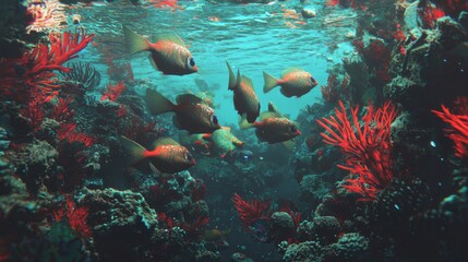 Obraz premium Vibrant Underwater Scene with Colorful Fish Swimming Among Coral and Sea Plants in Crystal Clear Water