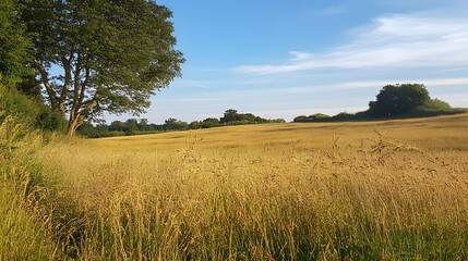 Golden wheat field under summer sky, rural landscape, idyllic countryside scene, perfect for travel brochures