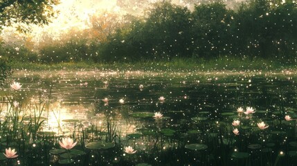 Fototapeta premium Tranquil Nature Scene with Blossoming Lilies and Sparkling Light Reflections on Calm Water Surface at Sunrise