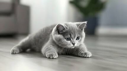 Gray kitten playing on hardwood floor in living room.  Perfect for pet adoption websites or greeting cards