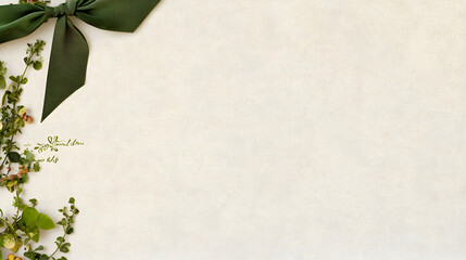 Green bow and greenery border on beige background; space for text; ideal for invitations, cards, or blogs