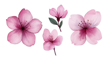 A collection of beautiful pink blossoms showcasing delicate petals and green leaves. transparent background