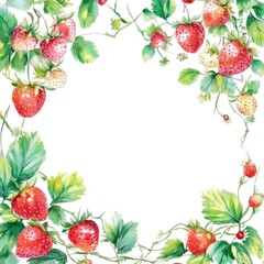 Fresh Strawberries and Green Leaves Decorative Watercolor Frame