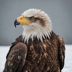 An eagle resting with one leg tucked under its body, on a white background.