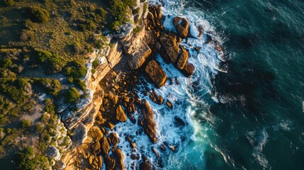 Aerial view of rocky coastline with waves crashing against the shore.