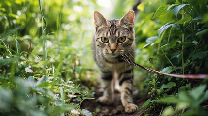 Obraz premium A cat on a leash exploring a lush green path in a natural setting.