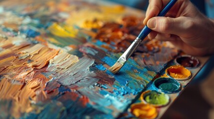 Fototapeta premium A hand holding a brush mixes vibrant colors on a painter's palette.