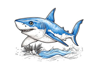 Obraz premium A blue and white shark is swimming in the ocean. The shark has a mouth open and he is hungry