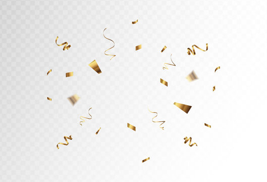 Confetti explosion on transparent background. Shiny golden paper pieces flying and spreading. for your events and business. vector illustration	