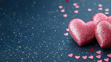 Fototapeta premium Sparkling Pink Glitter Hearts on Dark Blue Background Romantic Valentine s Day Decor