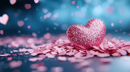 Fototapeta premium Sparkling Pink Glitter Heart Amidst Pink Hearts Romantic Valentine s Day Background